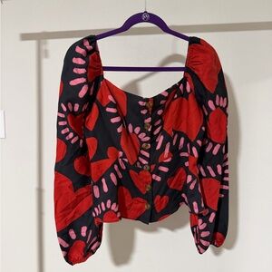 FARM Rio Red and Pink Heart Blouse Anthropologie Top Size Medium